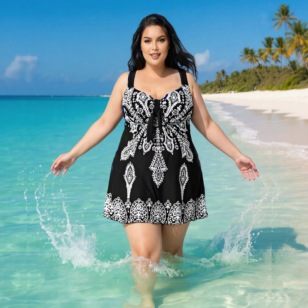 Plus Black Paisley Print 2Pc Swimdress Set Wide Strap Womens Size 16 Swimwear
